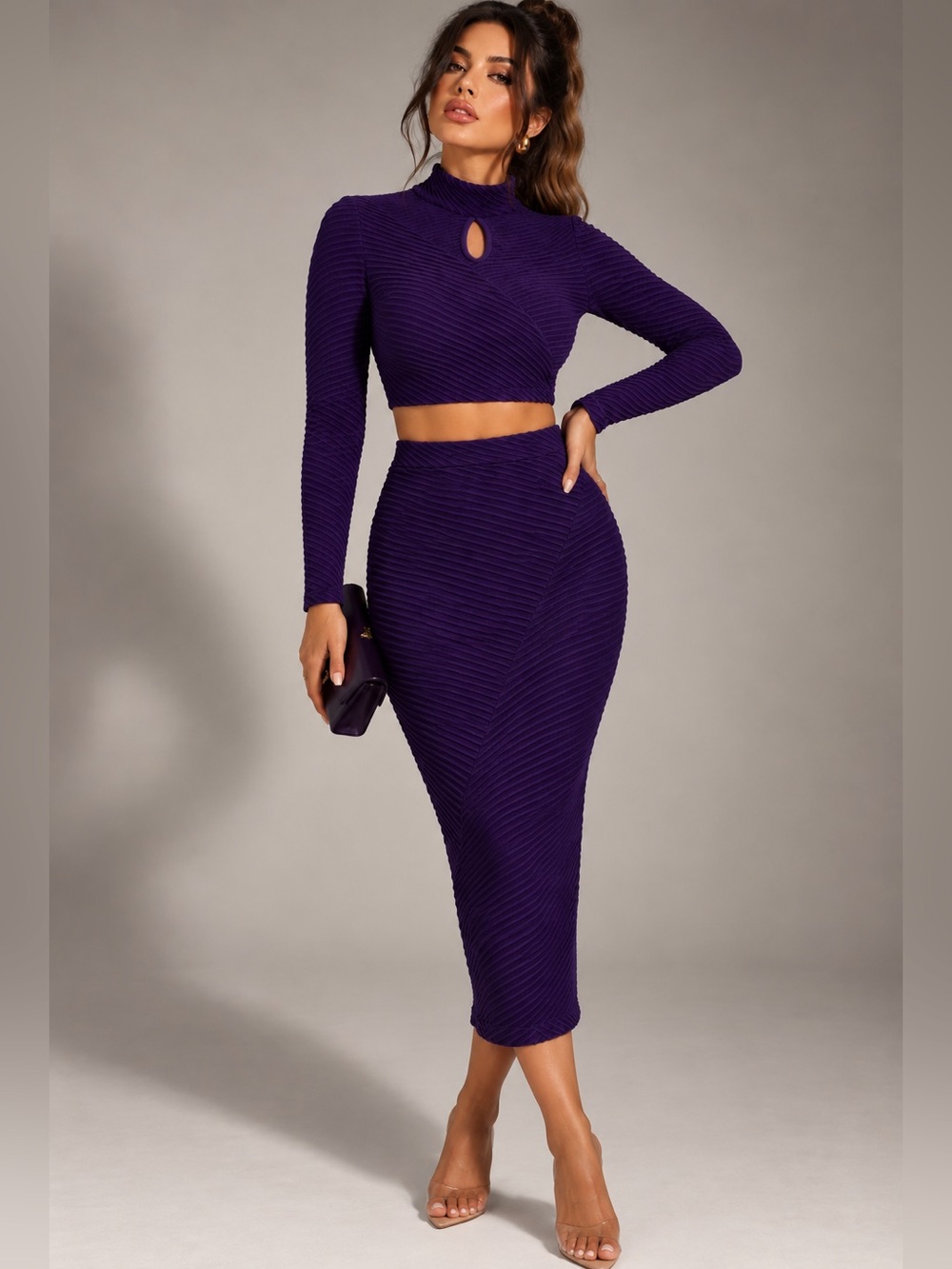 Marciano Ribbed Diagonal Pencil Skirt in Deep Purple